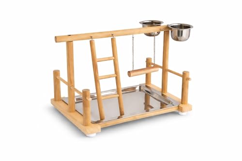 Image of KSK 17 Inch Bird Stand Perch with Food Cup - Wooden Parrot Playground & Activity Center - Bird Training Gym for Cockatiels, Conures, Lovebirds, Budgies & Small Parrots