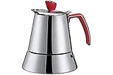 cafetera italiana gat Está hecho de acero inoxidable de alta calidad con un mango rojo y perilla roja.