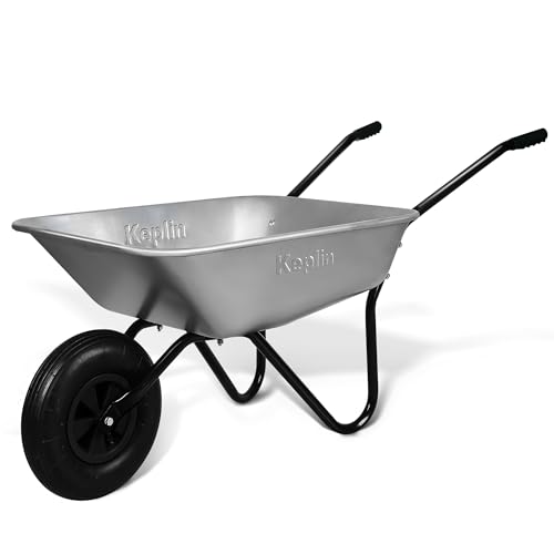 Keplin 65L Garden Wheelbarrow with Pneumatic Tyre Single Wheel Steel Garden Barrow Supports 100kg Load Capacity Heavy Duty Wheelbarrow for Soil Compost Tools & Outdoor Gardening Tasks