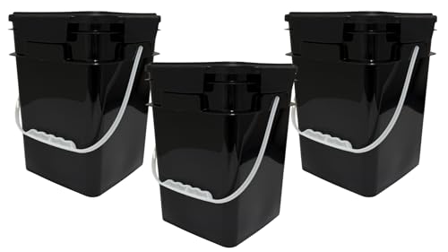 Image of House Naturals 4 Gallon Square Food Grade Bucket Pail with Plastic Handles and Lid (Pack of 3) Made in USA containers (Black)