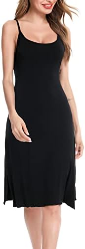 Vlazom Women's Nightdresses Soft Full Slip Split Spaghetti Strap Chemises Wavy Hemline Negligee Nightgown B-black