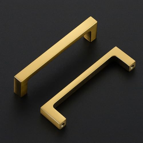 Image of Ravinte Brushed Gold Kitchen Cabinet Solid Handles,3-3 /4 Inch,10 Pack | Solid Zinc Alloy, Modern Slim Style, Square Design, Deep-Thread Firm Base, Screws Included, for Kitchen Drawers & Cupboards