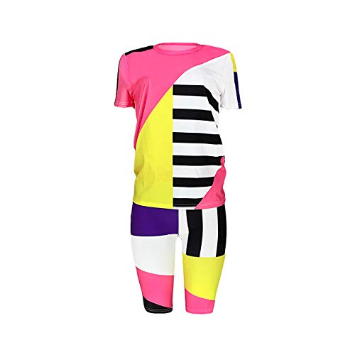 2 Piece Shorts Outfits For Women - Casual Color Block Short Sleeve Tops Bodycon Short Tracksuit Set Pink Xl #TOP1