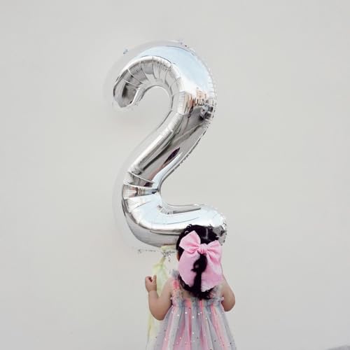 Image of Silver 2 Balloon, Number Balloons 40 Inch, 2nd Balloon Number Birthday Decorations, Two Second Birthday Party Supplies, Number 2 Balloon