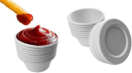 Bagasse Takeaway Sauce Pots with Lids - 2 oz - 100 Salad Dressing Container Pots with 100 Bagasse Lids - Ideal Sauce Containers and Deli Pots for Takeaway and Food Delivery Businesses