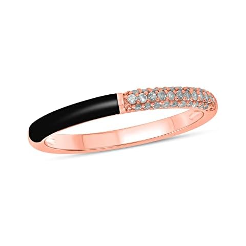 1/6cttw Diamond and Enamel Stackable Ring for Women in 18k Rose Gold-Plated, 18k Yellow Gold-Plated or 925 Sterling Silver, Women's Stacking Ring in Black, Green, Gold Plated, Diamond Cover