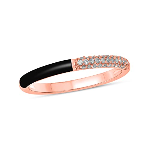 Cali Trove, 1/6Cttw Diamond And Enamel Stackable Fashion Ring For Women In 18K Rose Gold-Plated Sterling Silver, Women's Black Colored Enamel Stacking Ring With Diamond Accent In Rose Gold-Plate,6 #TOP30