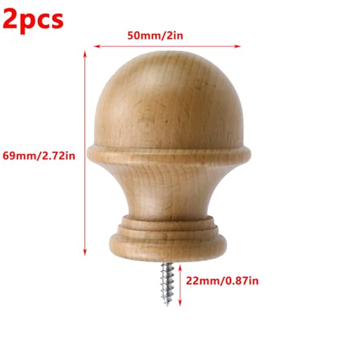 Antrader Finials for Curtain Rods, Wood Curtain Rod Finial Fit for 1.18 Inch/30mm Rods, Pack of 2 (Wood Color,Mushroom Shaped)