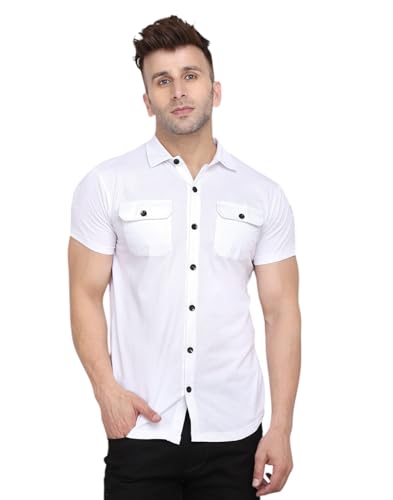 Image of Men's Half Sleeve Shirt - Spread Collar Casual Shirt with Double Flap Pockets - Slim Fit Cotton Blend Button-Down