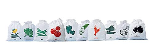 Arka Home Products 100% Cotton Vegetable Storage Fridge Drawstring Bags (Set of 10) Eco-Friendly, Non-Toxic, Washable, Reusable,25.4 x 30.5 Centimeters