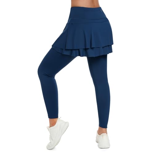 ANIVIVO Skirted Leggings for Women Capri, Athletic Tennis Skirt with Leggings Golf Pickleball Clothes with Pockets, Navy Blue Full Length Skirts, Large