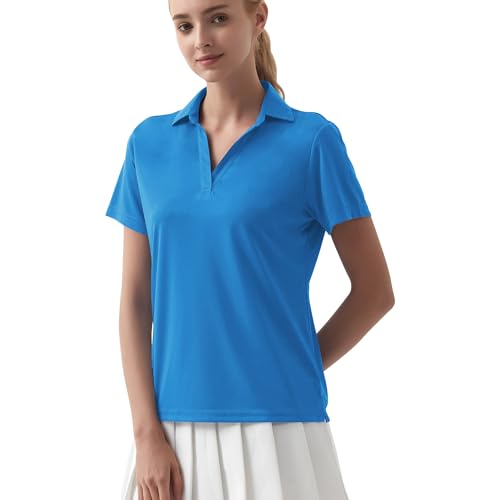 QBK Women's Golf Tennis Polo Shirt Short Sleeve V Neck Collared Athletic Workout Tops Dry Fit UPF 50+ (Light Blue, XL)