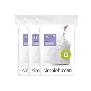 simplehuman Code G 60 Count, Genuine Custom Fit Liners, Drawstring Trash Bags in Dispenser Packs, 30 Liter / 8 Gallon, White
