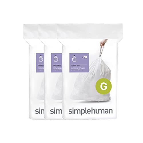simplehuman Code G 60 Count, Dispenser Pack Custom Fit Liners, Drawstring Trash Bags, 30 Liter / 8 Gallon, White