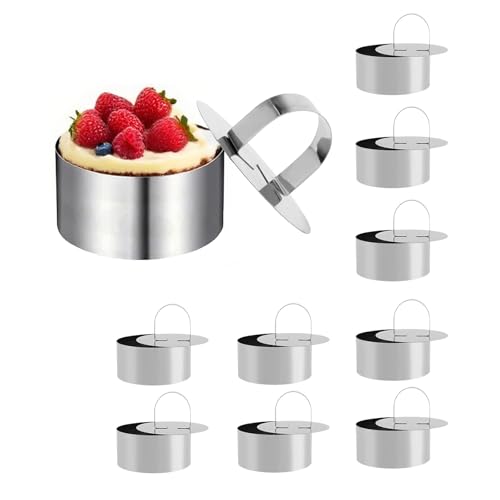 MUNGHOK 10 Stück 8cm Dessertringe Klein, Runde Speiseringe Edelstahl Dessertringe mit Heber, Kuchenring Tortenring Backringe für DIY Desserts Gebäck Mousse Ringe