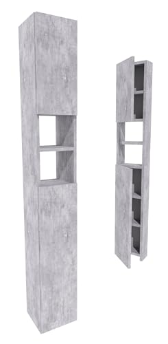 möbelkap Badezimmerschrank Beton-Optik 24×31×172 cm – Badschrank Hochschrank schmal, modernes Badmöbel mit Türen & offenen Fächern, viel Stauraum für Handtücher und Kosmetik