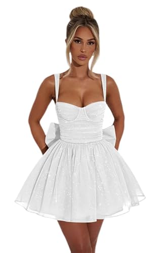 Sparkly Tulle Bow Homecoming Dresses for Teens Spaghetti Straps A-line Mini Cocktail Party Dress AD134