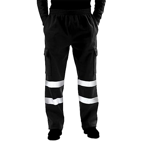 Pantalon de travail haute visibilité avec bandes réfléchissantes, pantalon cargo de sécurité multi-poches à taille élastique pour la construction, le travail sur route, Noir , L