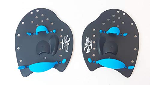 SWIMXWIN Palmari Power - Palas de natación profesional con forma ergonómica para entrenamiento de piscina, con goma elástica (S, negro/azul)