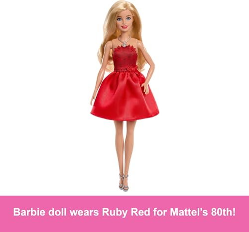Barbie Mattel 80th Anniversary Ruby-Red Celebration Blonde Fashion Doll Wearing Red Dress with Silvery Shoes & Necklace, Collectible Toy image 3