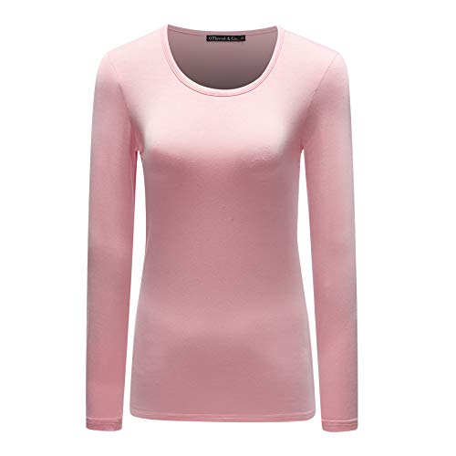 OThread & Co. Women's Long Sleeve T-Shirt Scoop Neck Basic Layer Stretchy Shirts (Small, Pink)
