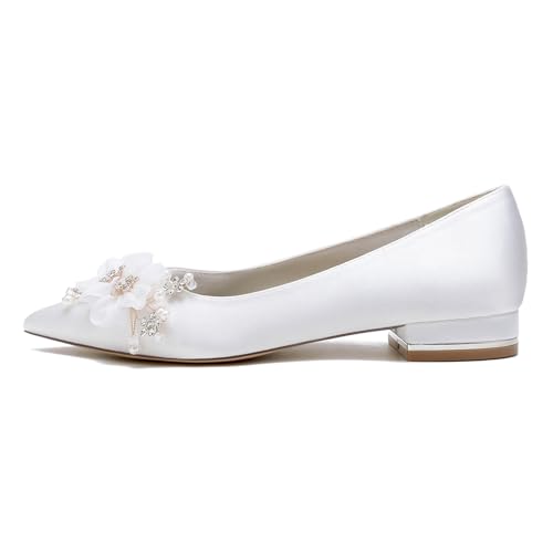 Women Closed Toe Flat Wedding Shoes Satin with Crystal Lace Flower Pointed Toe Party Bridal Shoes Low Heel Ballet Flats Slip-on3