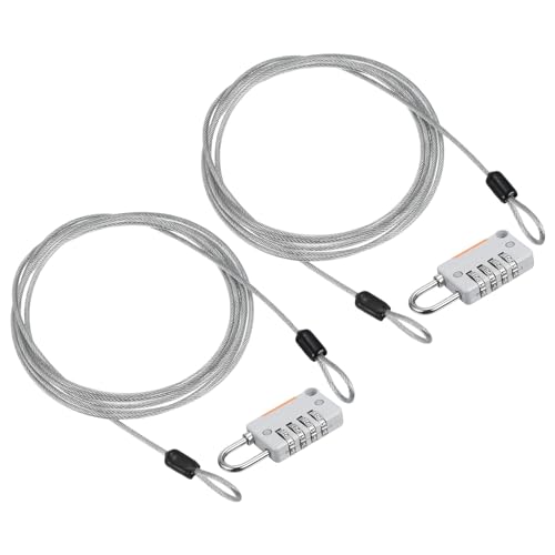 Image of PATIKIL Security Steel Cable with 4 Digit Combination Lock, 2 Set 6.6Ft Coated Safety Wire Rope Double Loop Padlock for Outdoor Travel Luggage, Gray