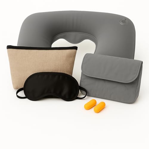 econuk - Oreiller de voyage gonflable avec trousse de toilette, antistress, bouchons et sac | Coussin cervical ergonomique pour avion et voiture | Compact, léger et doux (gris)