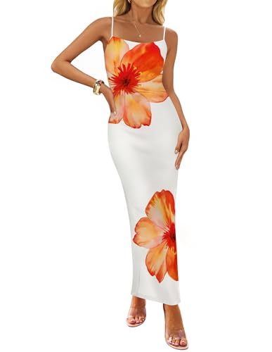 ZESICA Women’s Summer Bodycon Maxi Dresses 2025 Floral Spaghetti Strap Square Neck Sleeveless Boho Beach Long Dresses,Orange,Small