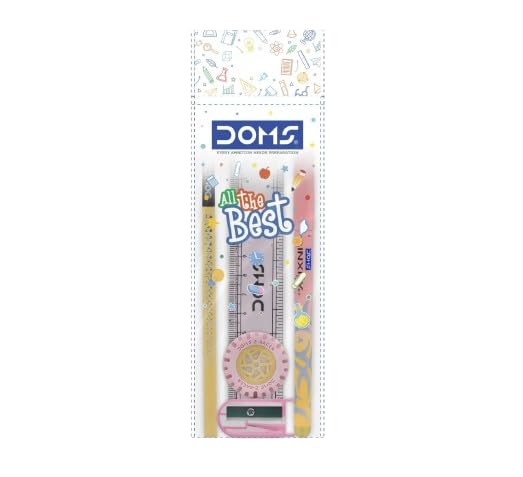 Image of Doms All The Best Stationery Kit| Includes 1 Each- Inxify Plus Ballpen Blue Ink, 15 Cm. Scale, Triangular Extra Dark Wooden Pencil, Long Point Sharpener & Tyre Shape Eraser| For Daily Use| Pack of 10