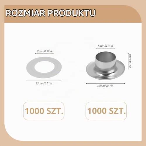 1000 sztuk, srebrny metalowy zestaw oczek i podkładek, oczko do szycia, montaż nitów oczek, oczka ze stali nierdzewnej, do wzmocnienia odzieży, butów, trwałe (6 mm)