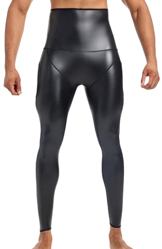 Ausing Herren Slim Fit Hose Leder Lederhose Hohe Taille Leggings mit Taschen Kunstlederhosen Casual Stretch Kostüm Rave Party Schwarz S