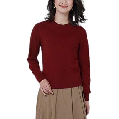 日本製 カシミヤ100% レディース クルーネック ワイン Lサイズ [2579]
