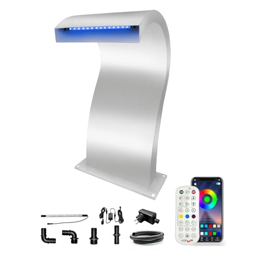 Longrun Bluetooth APP Control Pond Waterfall Fountain stainless steel Waterfall S-shaped Waterfall Blade with 7 Colors LED,Pool Fountain Water Spray Kit for Above Ground Swimming Pool-24x51.5x30cm