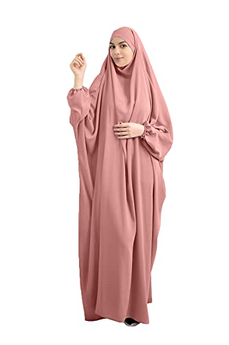 XINNI Women Muslim One-Piece Loose Full Cover Long Dress One-Size Overall Hijab Thobe Hooded Dress Pink