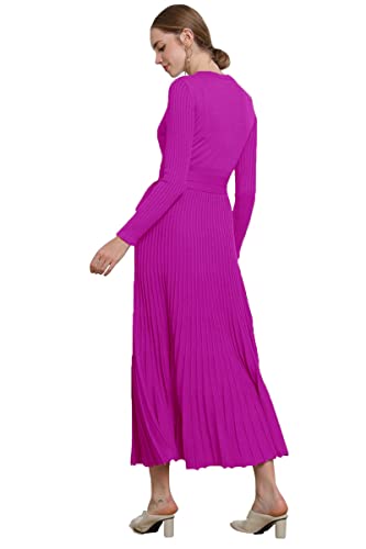 Image of Women's Long Knit Crewneck Sweater Dress Tie Waist A-Line Swing Pleated Bodycon
