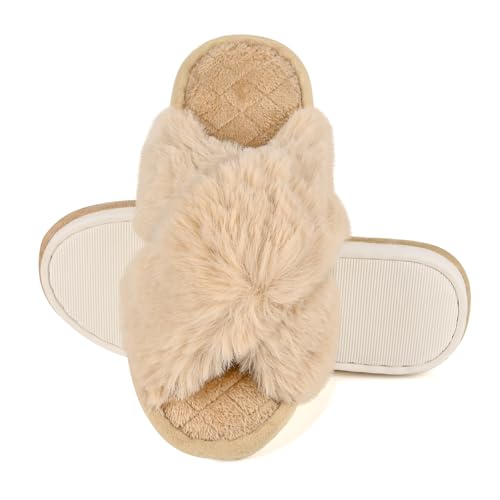 Cross Band Plush Soft Fur Slippers Warm Winter House Shoes for Women, Open Toe Comfy Indoor Slides Slippers