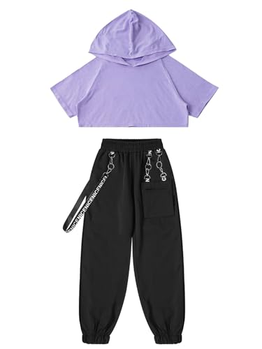 YiZYiF Kids Girls Hip Hop Dance Clothes Short Sleeve Hooded Crop Top with Sweatpants Sets Sport Active Outfits3