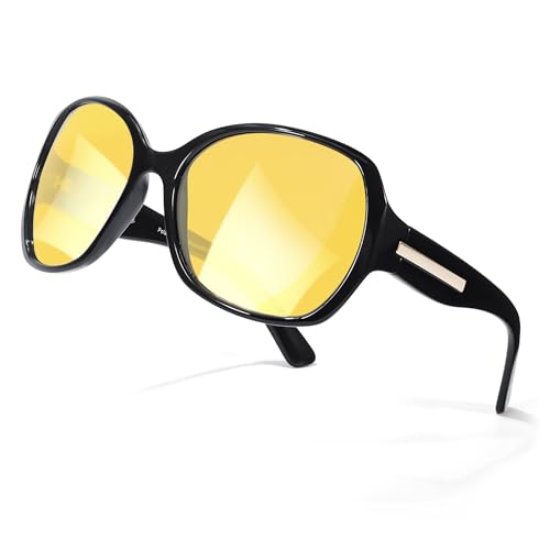 SIPHEW Oversized Night Driving Glasses for Women, Polarized Yellow Lens Reduces Headlight Glare & Eye Strain for Nighttime