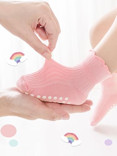 Image of Baby Toddler Girls Socks Grip Ruffle Non Slip Kids Cotton 12 Pack Socks | PREMIUM soft COTTON,full anti-slip grips,6month-7t grippy crew socks for girls,daily school all season wear,cute ruffle