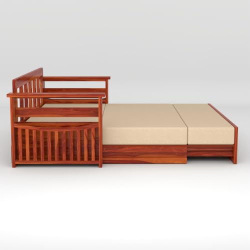 Image of Solid Sheesham Wood Sofa Cums Bed with Mattress & Storage | Rosewood Convertible Sofa Bed for Living Room & Bedroom (G-Honey, 3 Seater)