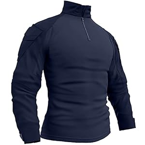 Memoryee Herren Military Tactical Army Combat Langarmhemd Slim Fit T-Shirt mit 1/4 Reißverschluss und Taschen/Navy/XL