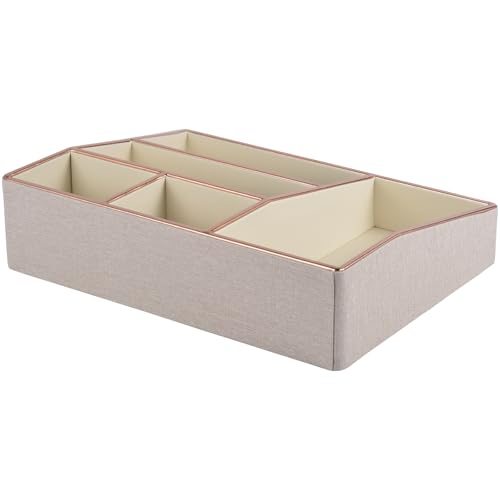 Image of PU Leather Makeup Organizer Tray,Large Vanity Organizer,Cosmetic Storage Box for Lipstick Brushes Skincare Perfume,Cosmetic Display Case Rose Gold-trimmed for Dresser,Bathroom Countertop(Beige)