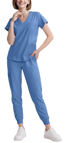 Eadflie Scrubs for Women Set - 8-Pocket V-Neck Scrub Uniform, Stretch Jogger Pants, Medical Workwear for Nurses, Pet Care (Sky Blue/L)