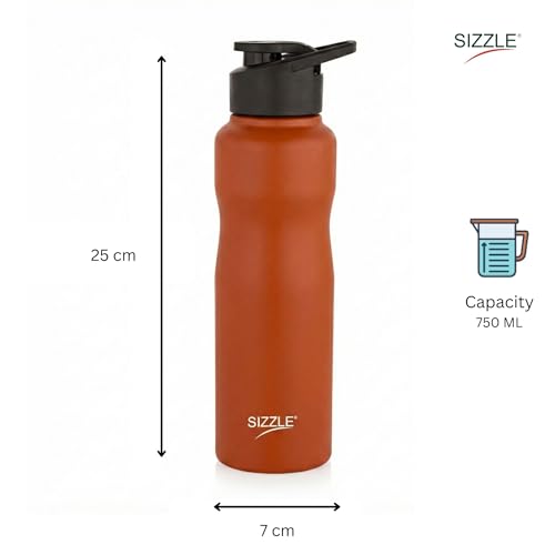 Image of Sizzle Orbit 750ml Stainless Steel Sports Water Bottle - Leakproof & Lightweight Fridge Bottle - for Gym, Office, School & Home - BPA Free, Easy to Clean (Orange)