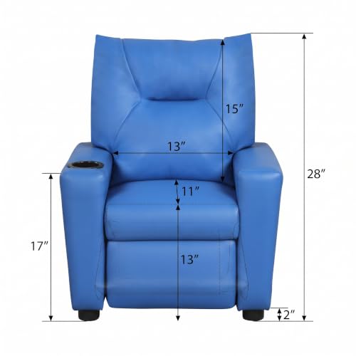 Image of 23 inch PU Leather Recliner Chair with Cup Holder and Recline, Blue