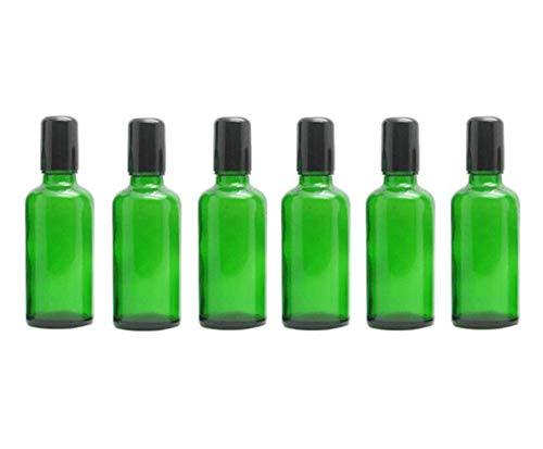 6PCS 50ml Empty Portable Green Glass Roll on Bottles With Stainless Steel Ball and Black Cap For Perfume Essential Oil Roller Bottles Vial Container Pot Jar Attar Bottle