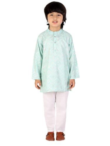 Image of superminis Boys Silver Foil Printed Kurta, Round Collar, Full Sleeves With White Pyjama Cotton Kurta Set