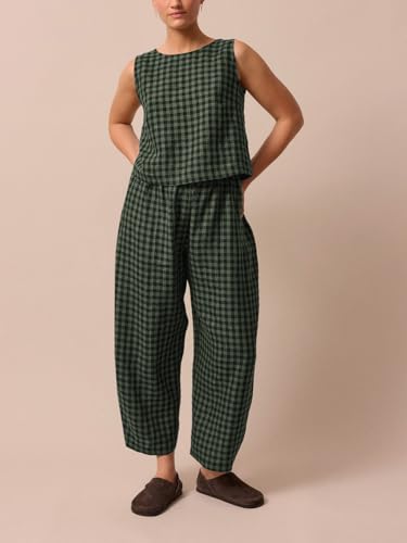 Image of Womens 2 Piece Lounge Sets Cotton Plaid Crop Top High Waisted Baggy Ankle Barrel Pants Gingham Matching Set