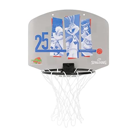 Spalding Space Jam 25-jähriges Jubiläum - Farbe Grau - Mini-Basketball-Backboard - Indoor-Backboard - Kinder-Basketballkorb - Haltbares Polycarbonat-Backboard - Indoor-Basketball - Cartoon-Backboard Cover